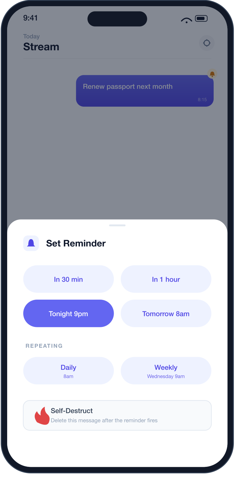 Ploq's Set Reminder sheet open over a message, showing quick options including In 30 min, Tonight 9pm and Tomorrow 8am.